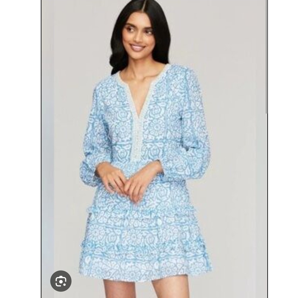 Roller Rabbit Lucena Embroidered Naema Blue Cotton Tiered Mini Dress Womens S
